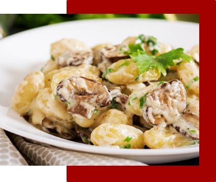 Nhoque de mandioquinha com creme de queijo e cogumelos